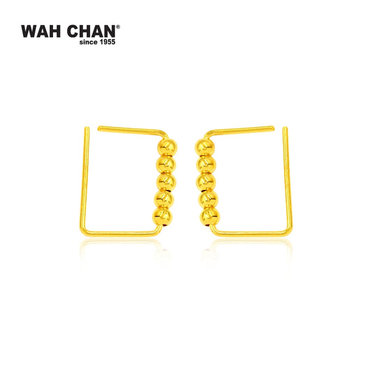 WAH CHAN 999 Gold Hook Earrings - Rectangle with Boba Design (E001)