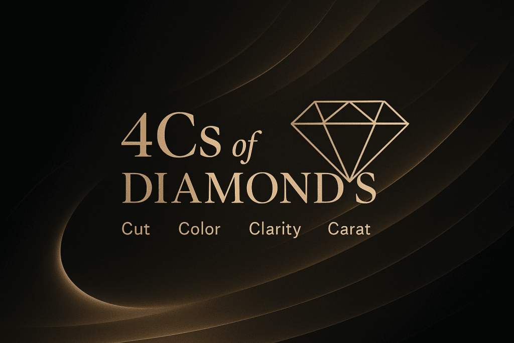 Graphic showing the 4Cs of diamonds — cut, colour, clarity, and carat — with a diamond outline on a dark background.