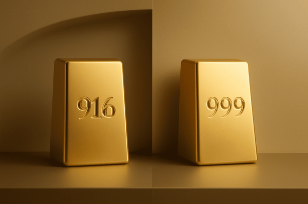 Two gold bars side by side, one marked 916 and the other 999, representing 22K and 24K gold purity.