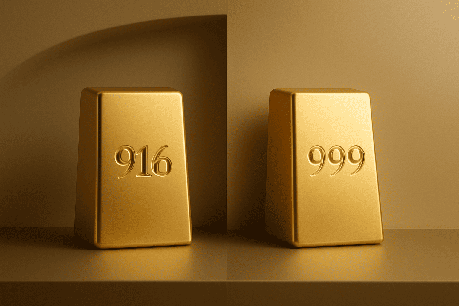 Two gold bars side by side, one marked 916 and the other 999, representing 22K and 24K gold purity.