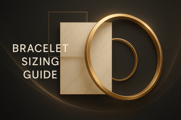 Modern graphic of gold bracelet rings with text Bracelet Sizing Guide on a dark background.
