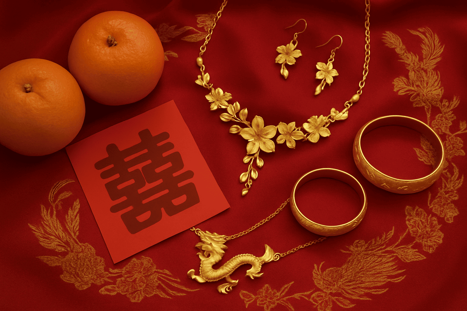 Traditional Chinese wedding guo da li set with gold jewellery, red double happiness card, and oranges on red fabric.