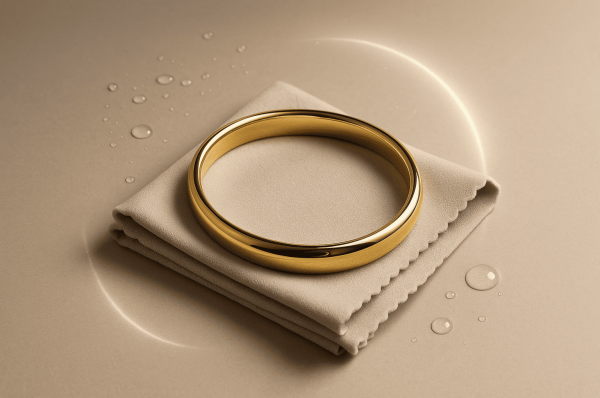 A polished gold bangle resting on a soft cloth with a subtle glowing arc around it, symbolising jewellery care and protection in a luxury minimalism style.