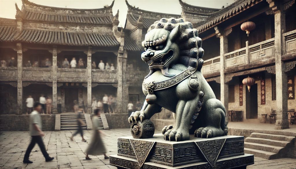 A stone Pixiu statue standing guard in front of traditional Chinese architecture, symbolising protection and prosperity.