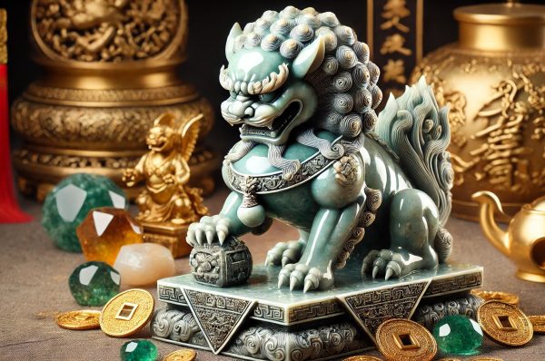 A jade Pixiu statue surrounded by gold coins and gemstones, representing wealth attraction and good fortune in Chinese culture.
