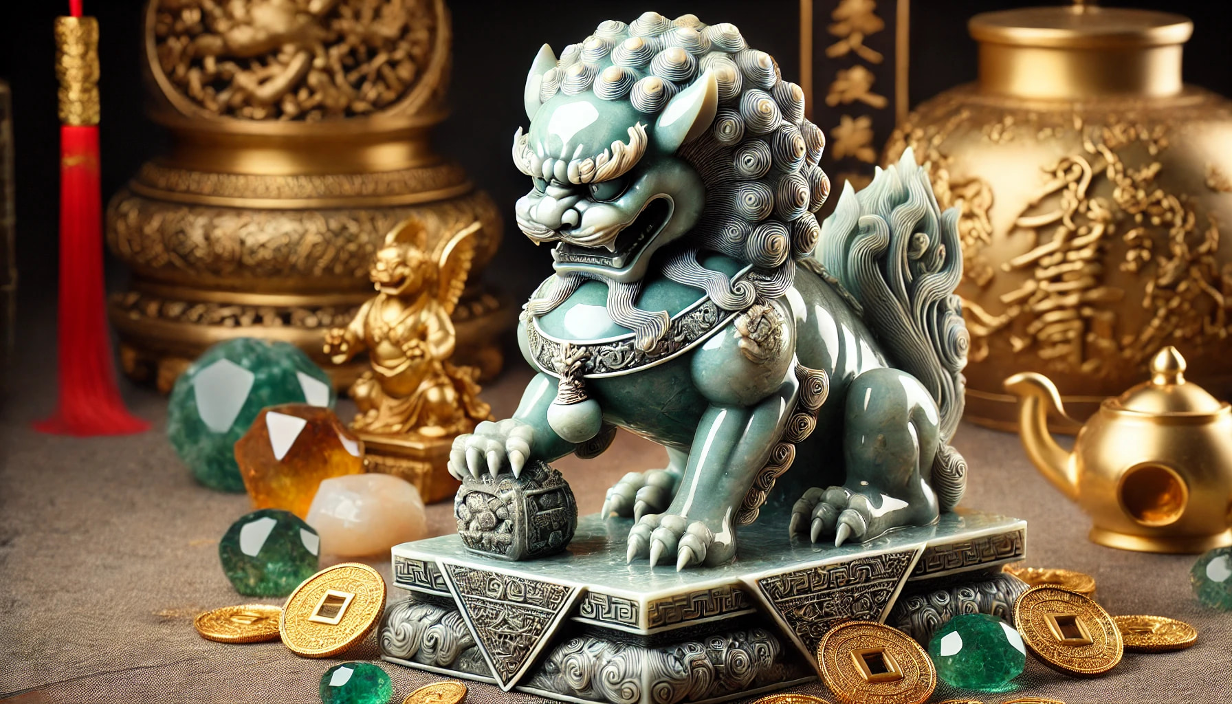 A jade Pixiu statue surrounded by gold coins and gemstones, representing wealth attraction and good fortune in Chinese culture.