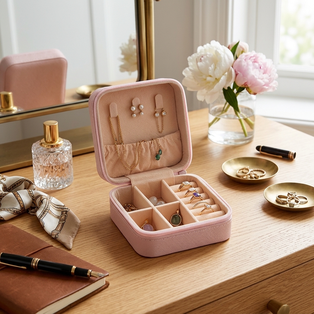 WAH CHAN Portable Mini Travel Jewellery Box & Case Organizer – Rose Pink - Image 4